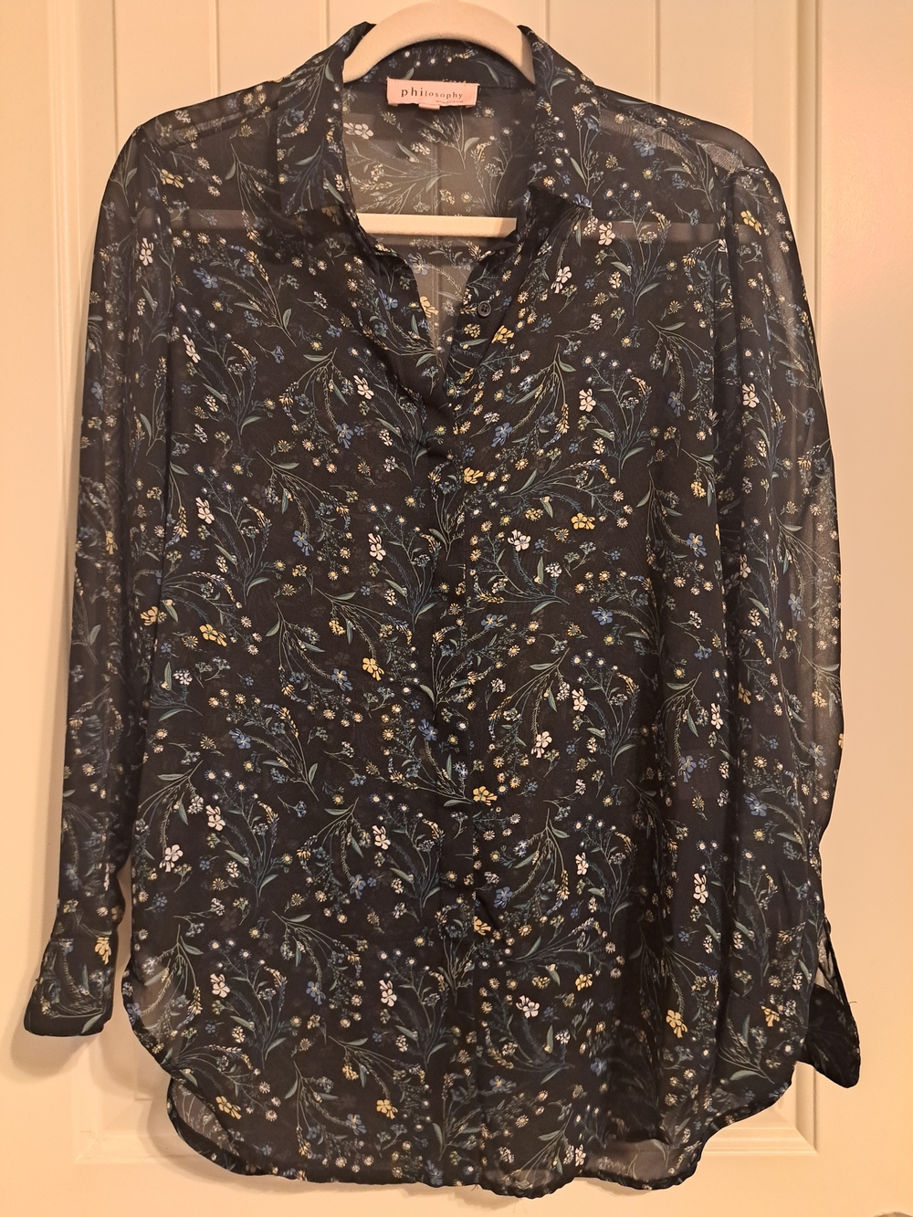 Philosophy Navy Sheer Floral Button-Up Blouse with Blue & Cream Accents